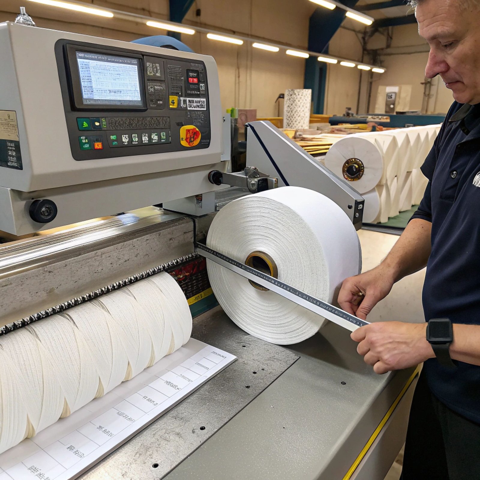 Operator measuring textile roll width