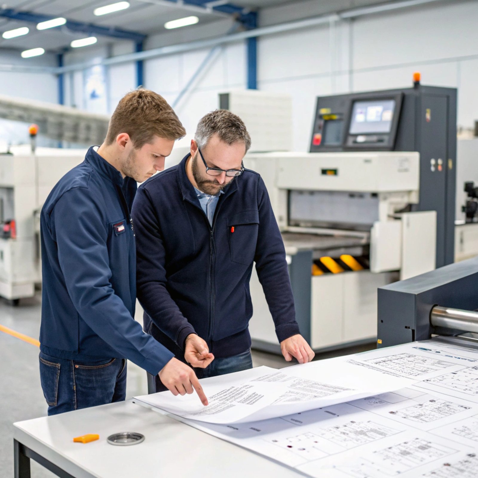 Engineers reviewing technical drawings in factory