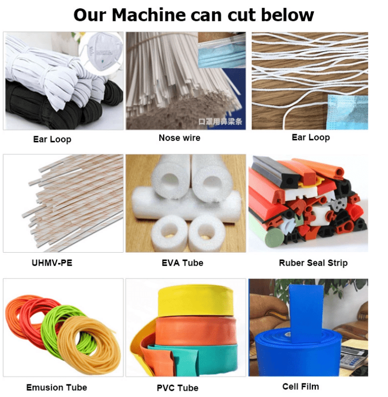 Various materials cut by machine, including ear loops, nose wire, and tubes