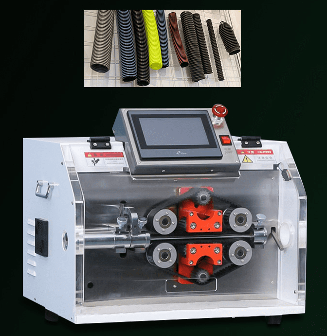 machine for processing hoses, with colorful hose samples above
