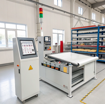 Alt Text 1 Operator cleaning foam cutting machine bed and checking blade for debris and damage daily