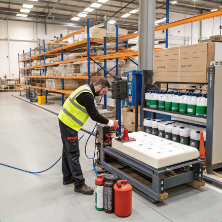 Foam cutter maintenance Technician performing foam cutter maintenance