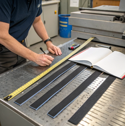 Industrial Velcro cutting machine with guide and tension issues causing blade misalignment