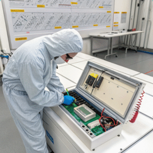 Inside view of Velcro cutting machine being calibrated and lubricated by technician.