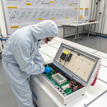 Inside view of Velcro cutting machine being calibrated and lubricated by technician.