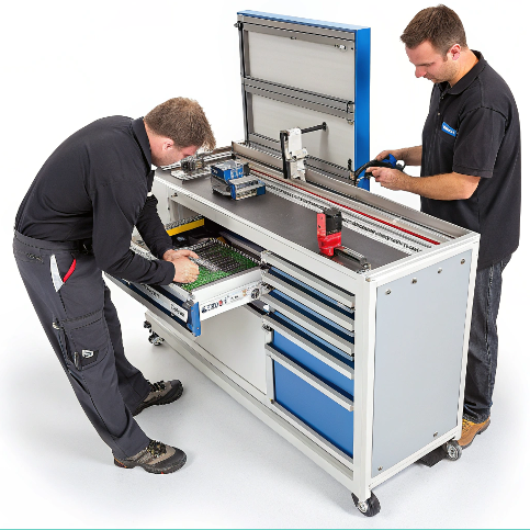 Technician cleaning fiber buildup from Velcro cutting machine to prevent jams