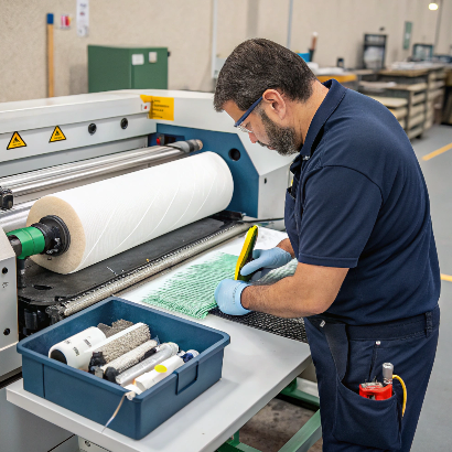 Velcro cutting machine undergoing routine maintenance to ensure smooth operation.