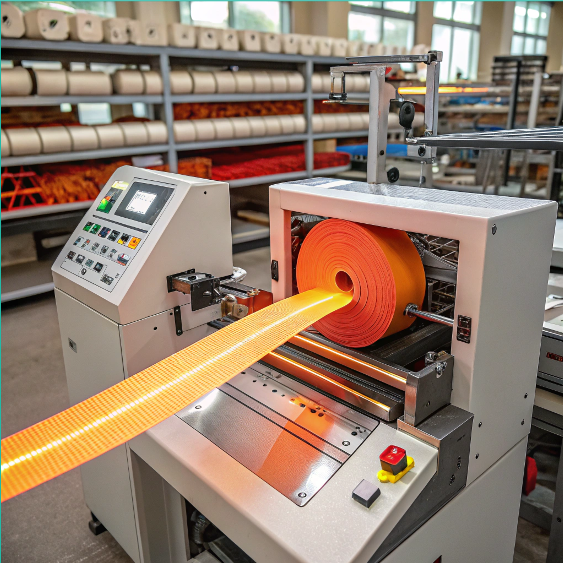 Velcro cutting machine slicing hook-and-loop tape with clean, sealed edges to prevent fraying.