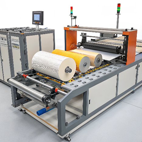 Automated Velcro cutting machine’s internal automation system showcasing mechanical arms and conveyor for precision cutting.