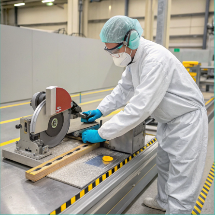 Machine Safety Operator with safety gear near Velcro cutting machine in operation