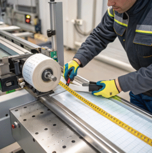 Velcro cutting machine showing tape misalignment problem in manufacturing process