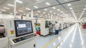 Modern electronics factory with automated machinery and workers in protective gear in North America.