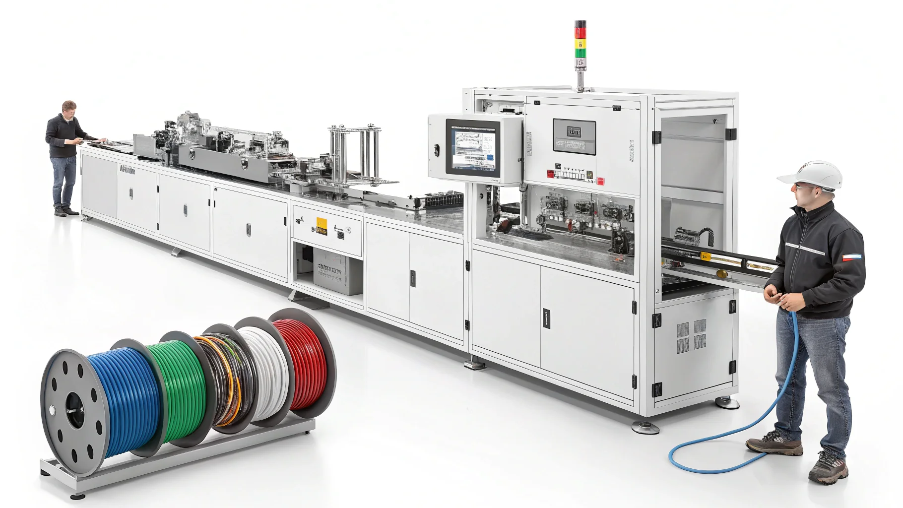 German automotive wire harness production line with workers and colorful wire spools indicating efficient manufacturing.