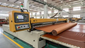 High-tech Italian leather cutting machine operating in a workshop, showcasing precision and advanced technology.