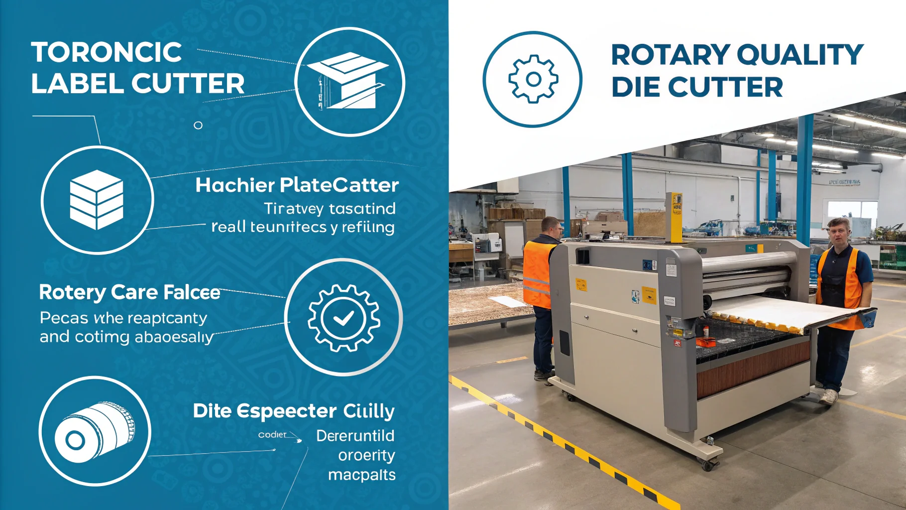 Comparison of toronic and rotary label cutters with industrial machine background.