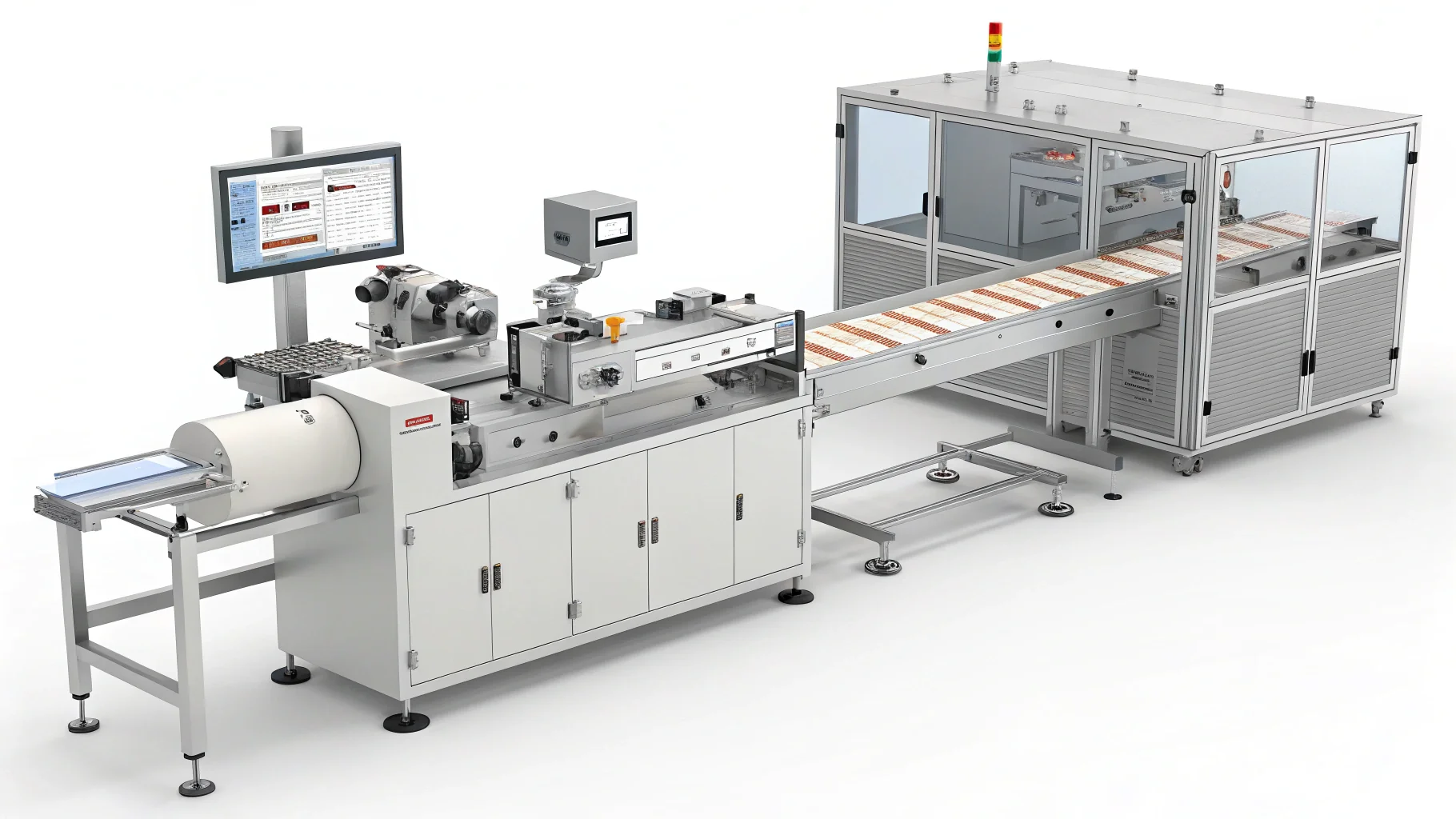 High-tech pharmaceutical packaging machine with conveyor belt and control panel.