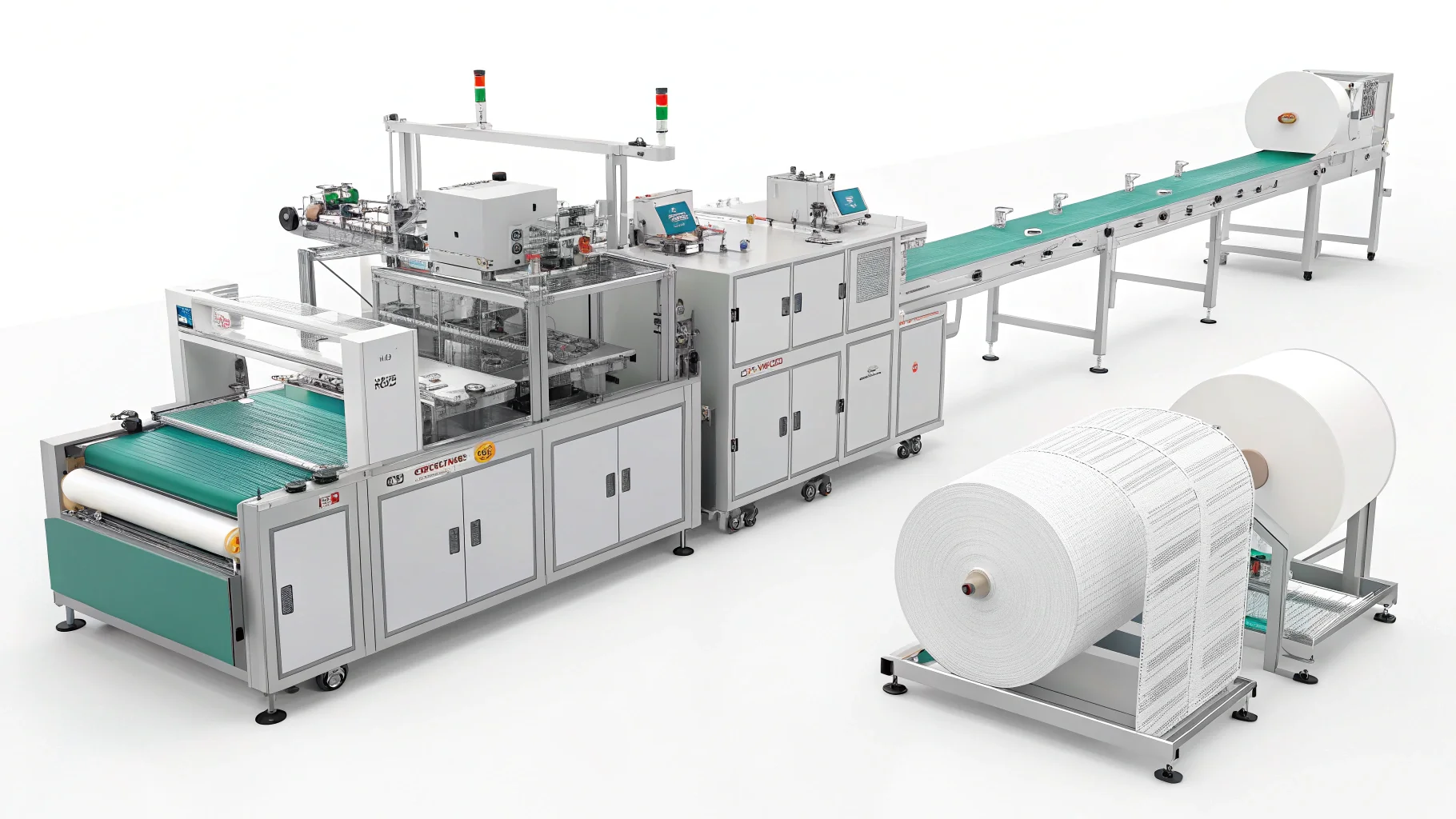 Automated machinery for producing surgical dressings featuring conveyor belts and large fabric rolls.