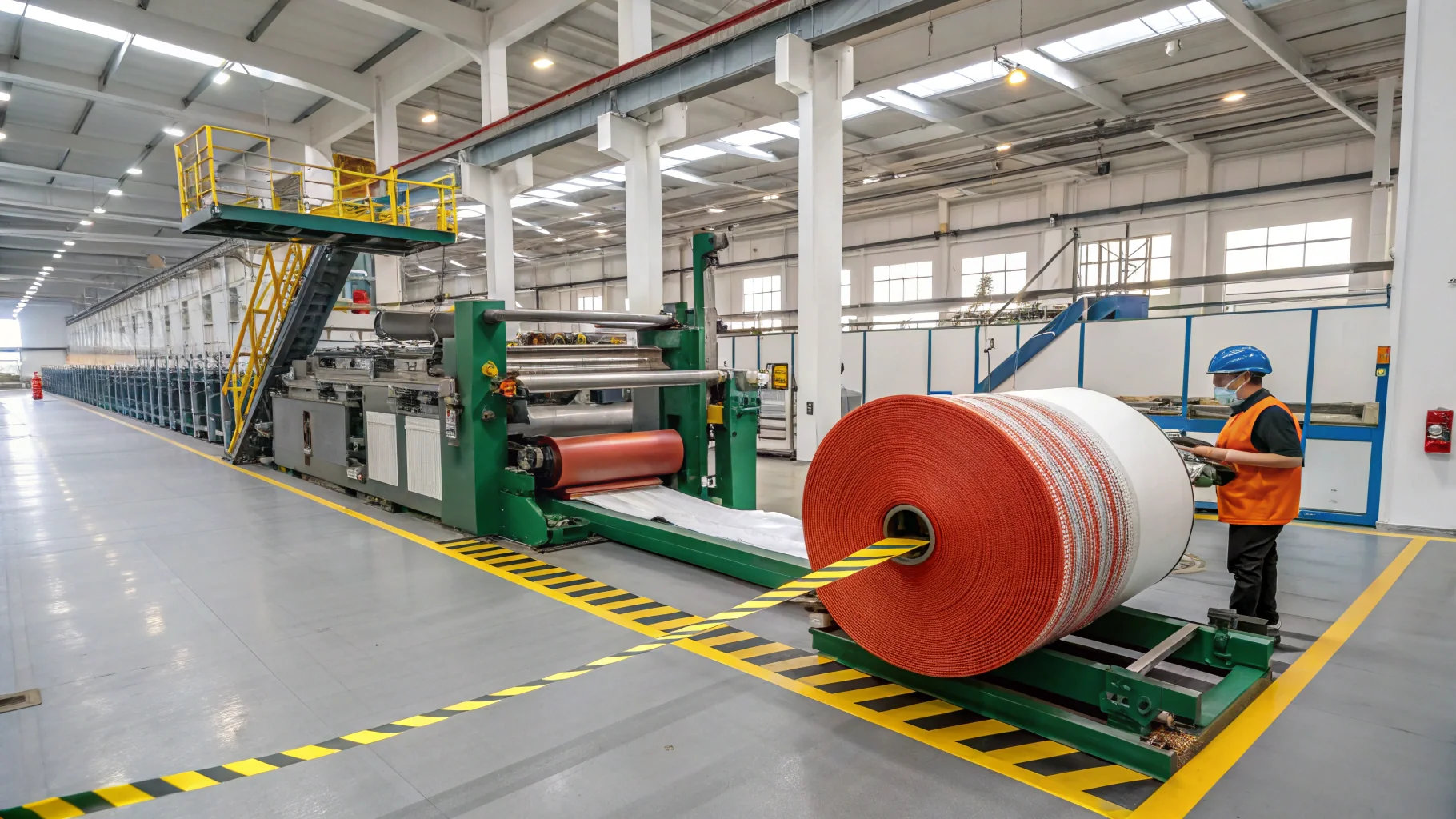 Modern synthetic materials factory with machinery and worker operating in a well-lit facility.