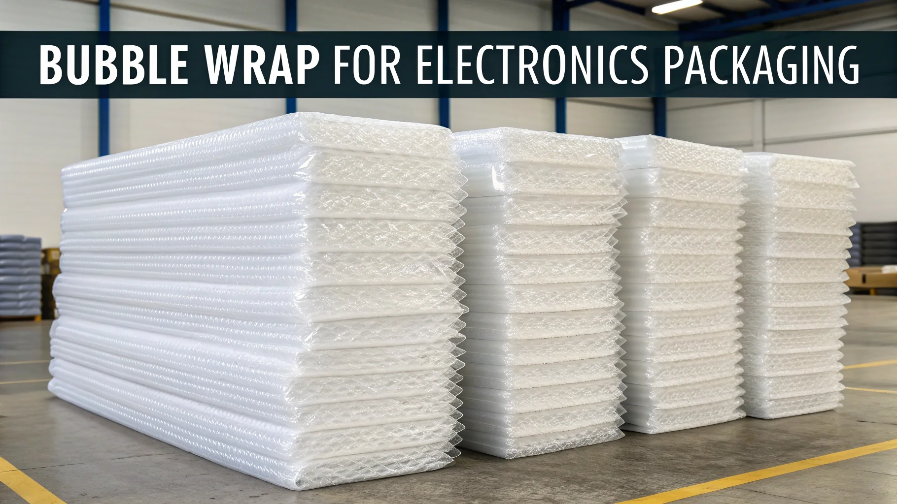 A neatly stacked pile of precisely cut bubble wrap sheets ready for packaging electronics.