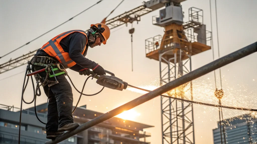 Construction worker in safety gear cutting metal beam with sparks flying, crane and buildings in background.
