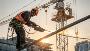Construction worker in safety gear cutting metal beam with sparks flying, crane and buildings in background.