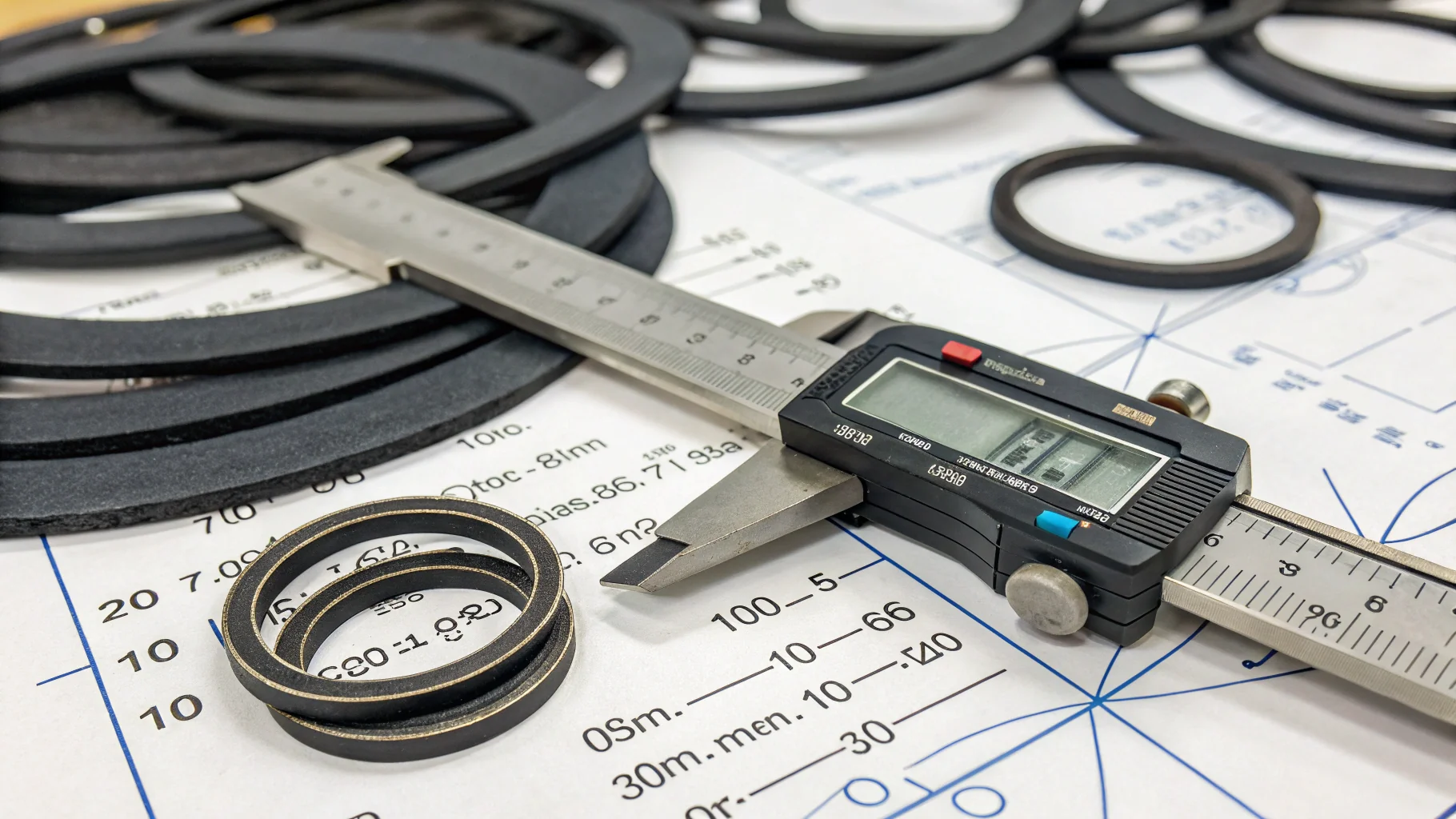 Digital caliper measuring gaskets placed on a technical blueprint, illustrating precision in [material compression](https://www.elastoproxy.com/enclosure-gasket-compression/)[^5] analysis.