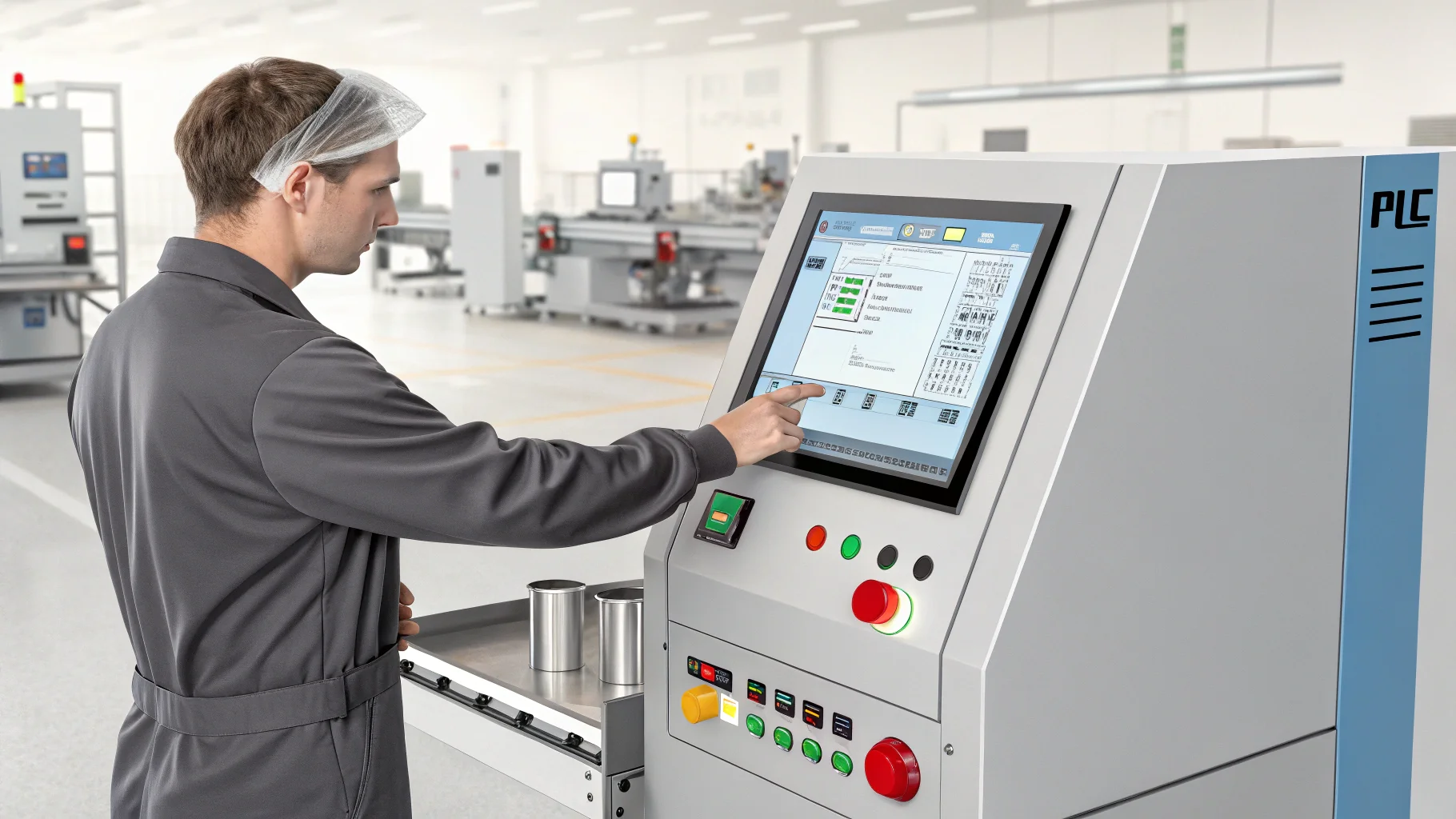 An operator using the PLC touch screen on a HAOXINHE bubble cutting machine.