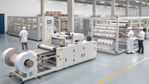 Modern German packaging facility featuring HAOXINHE RS-300 series equipment with workers in a clean, organized environment.