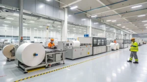 Interior of a modern industrial factory in Germany with workers operating advanced machinery and large paper rolls.