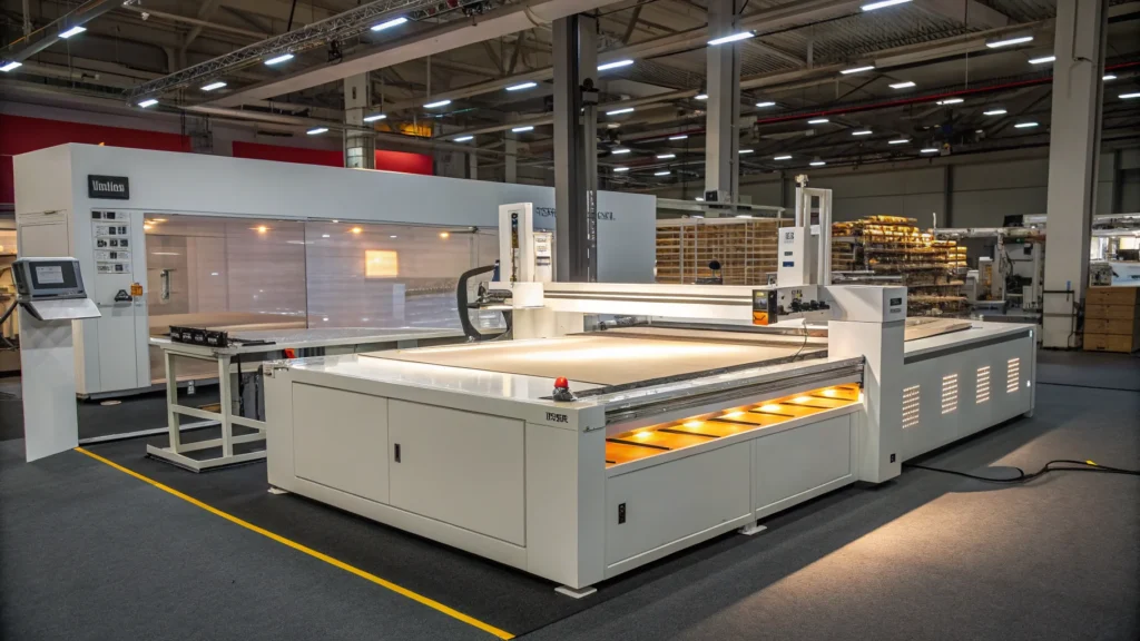 High-tech PVC foam cutting machine operating in an industrial workshop setting, enhancing productivity and precision.