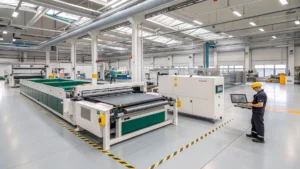Operator monitoring a precision gasket cutting machine in an industrial facility with modern equipment.