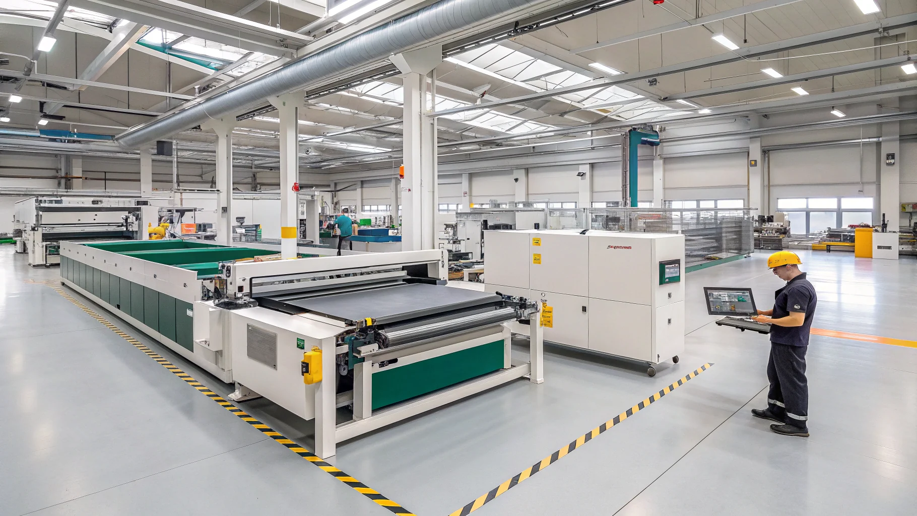 Operator monitoring a precision gasket cutting machine in an industrial facility with modern equipment.