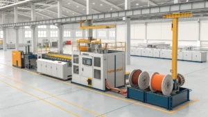 Inside view of a modern German industrial cable plant featuring advanced machinery and cable rolls under bright lighting.