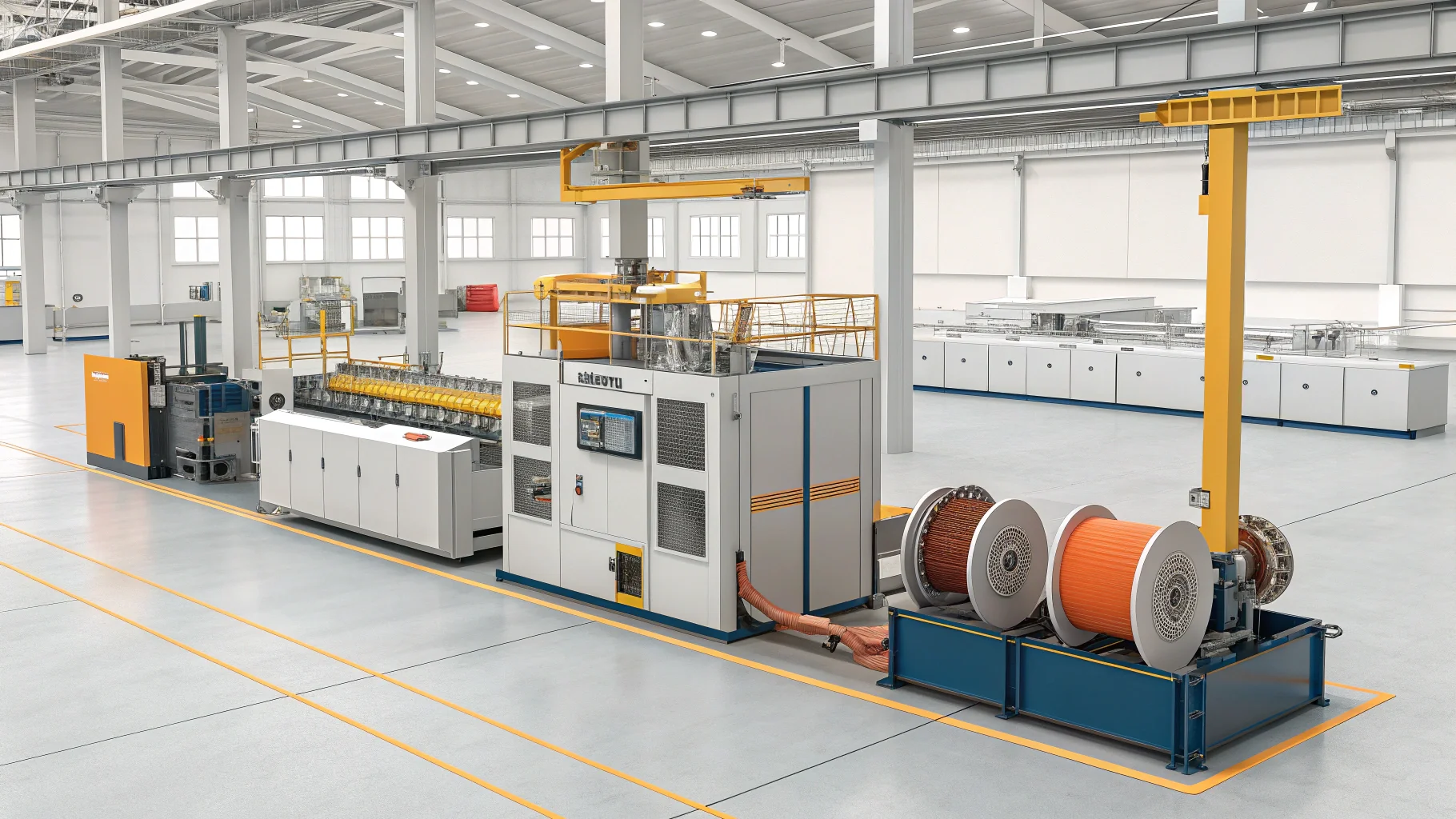 Inside view of a modern German industrial cable plant featuring advanced machinery and cable rolls under bright lighting.