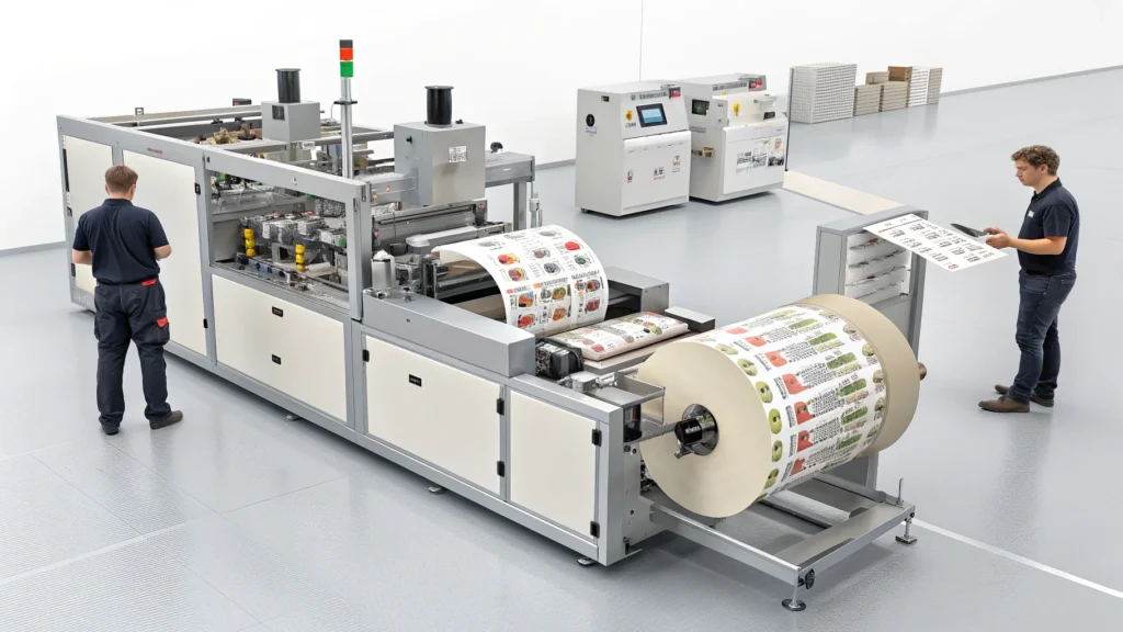 Workers operating advanced label production machinery at a German packaging facility, showcasing high-volume output.