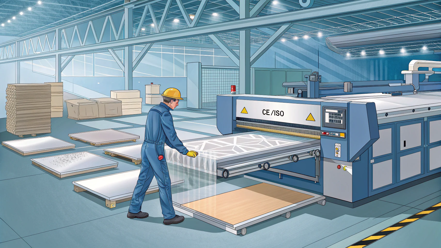 Worker in safety gear operates industrial cutting machine in spacious factory with organized materials.