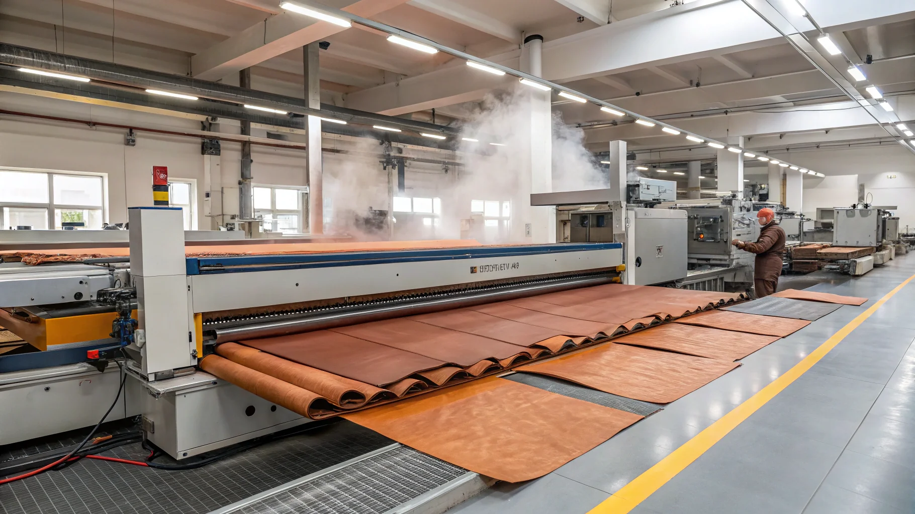 Interior of a leather belt production facility with machinery and worker