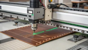Close-up of laser-guided punching machine operating on material