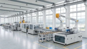 Wide shot of a fully automated production line in a spacious, well-lit factory setting.