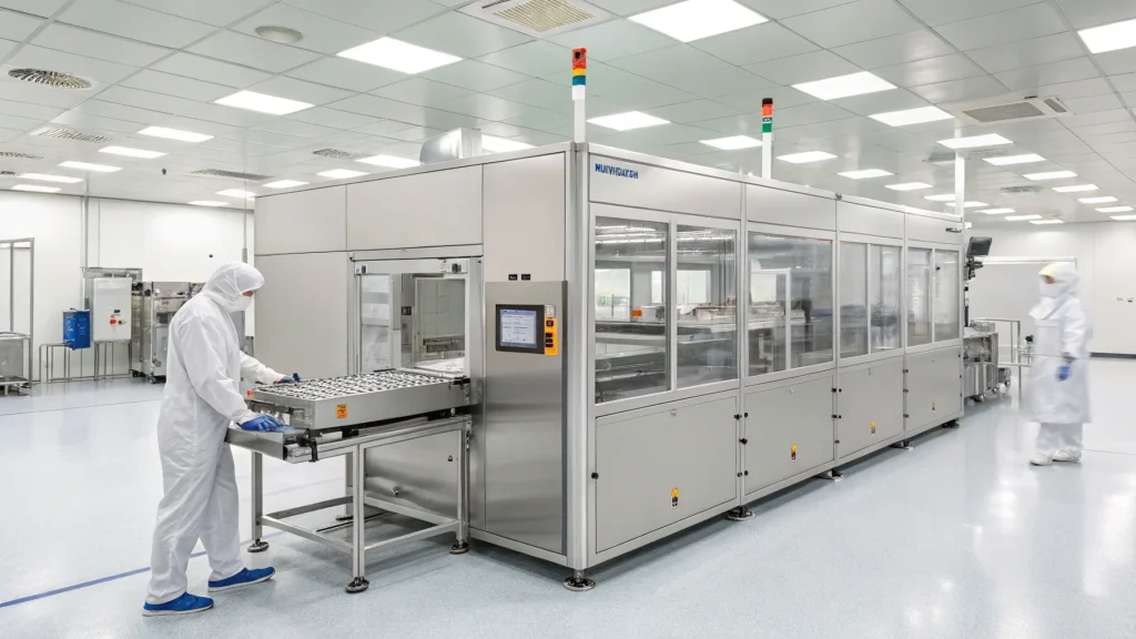 Technicians in protective gear work with advanced machinery in a sterile German medical equipment factory.