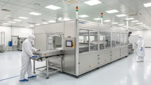 Technicians in protective gear work with advanced machinery in a sterile German medical equipment factory.