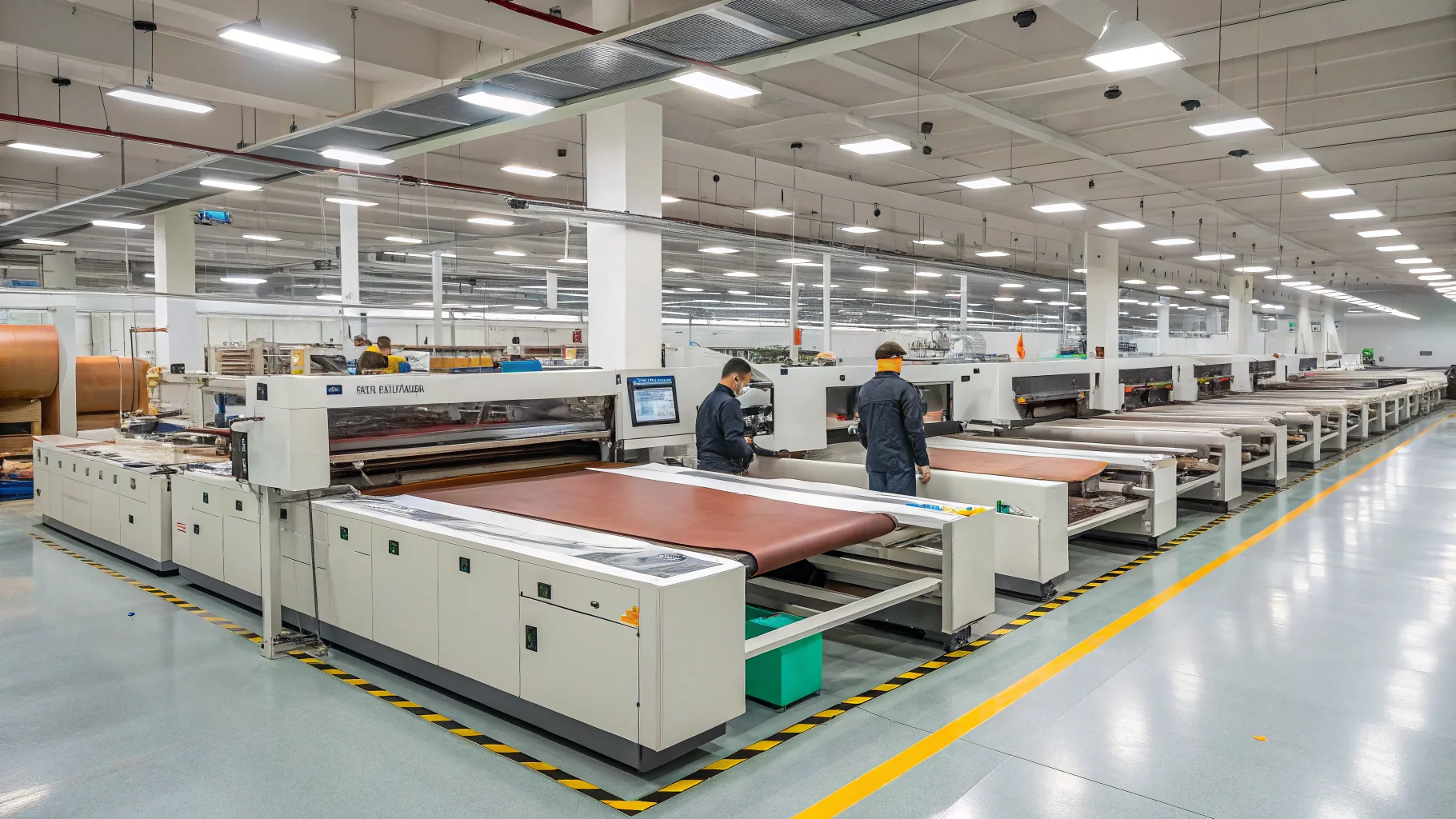 Interior of a large Italian leather goods factory featuring automated machinery and workers operating the equipment.