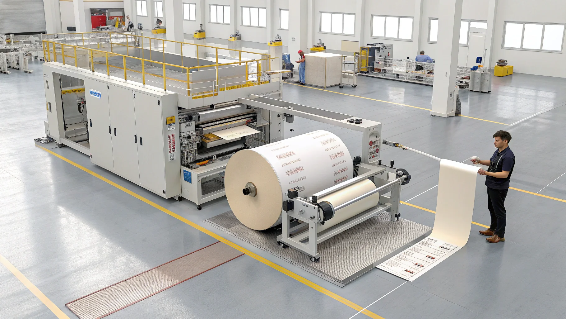 Worker operating machinery in a high-tech label production facility with large rolls of paper and advanced equipment.