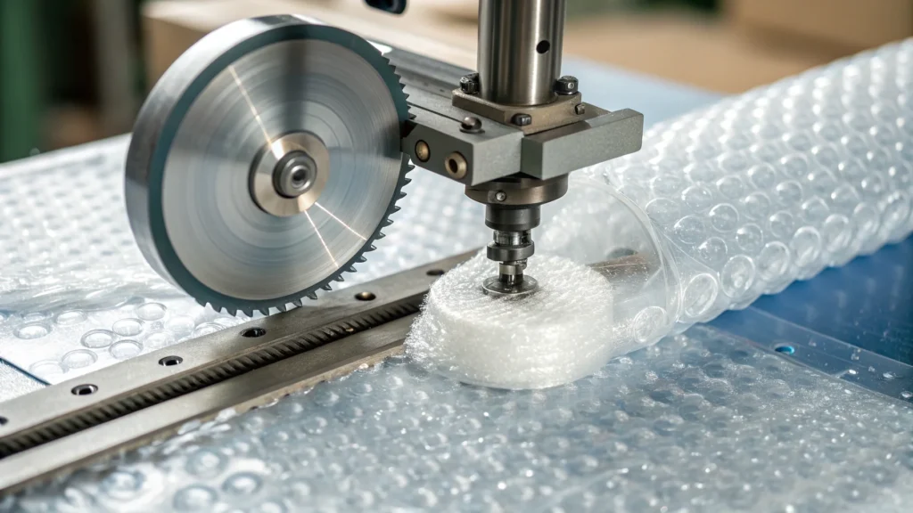 A close-up of a bubble cutting machine's blade cleanly slicing through bubble wrap.