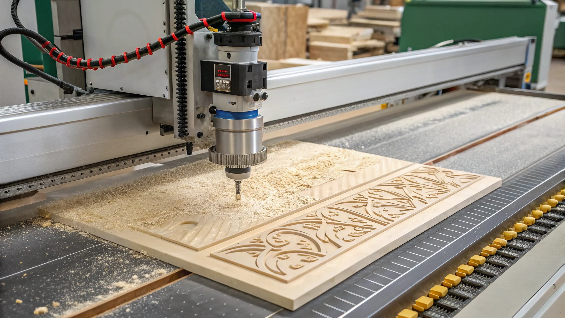 CNC machine cutting intricate decorative patterns into a wooden panel in an industrial setting.