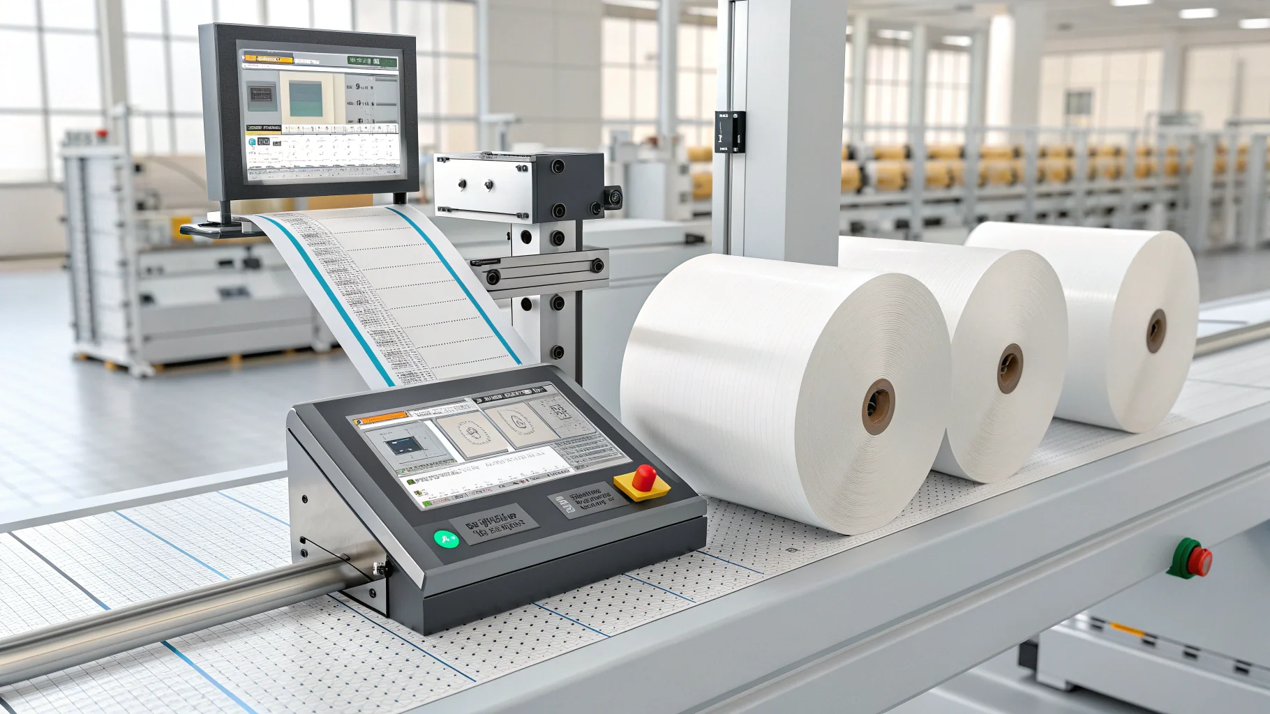 Advanced label manufacturing equipment in a modern facility, showcasing precision and efficiency in industrial production.