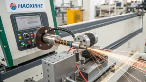 Close-up of HAOXINHE wire stripping machine with sparks flying
