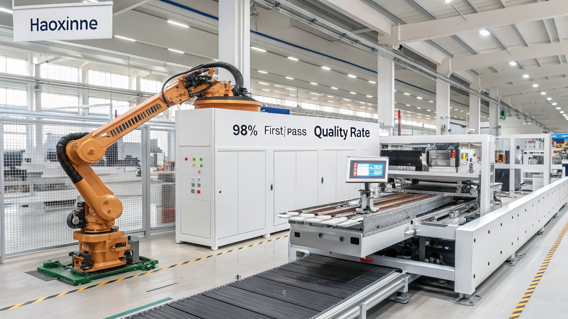 Robotic arm in smart factory at Haoxinne with 98% quality rate.