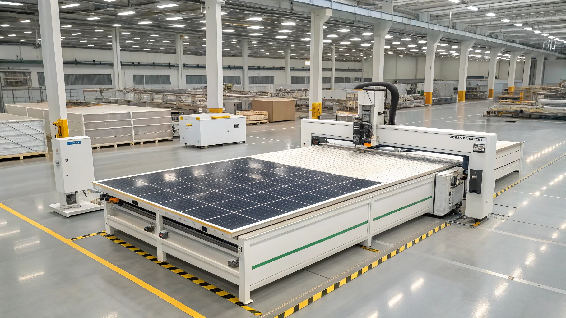 Large-scale solar panel production in a modern factory with advanced machinery and spacious layout.