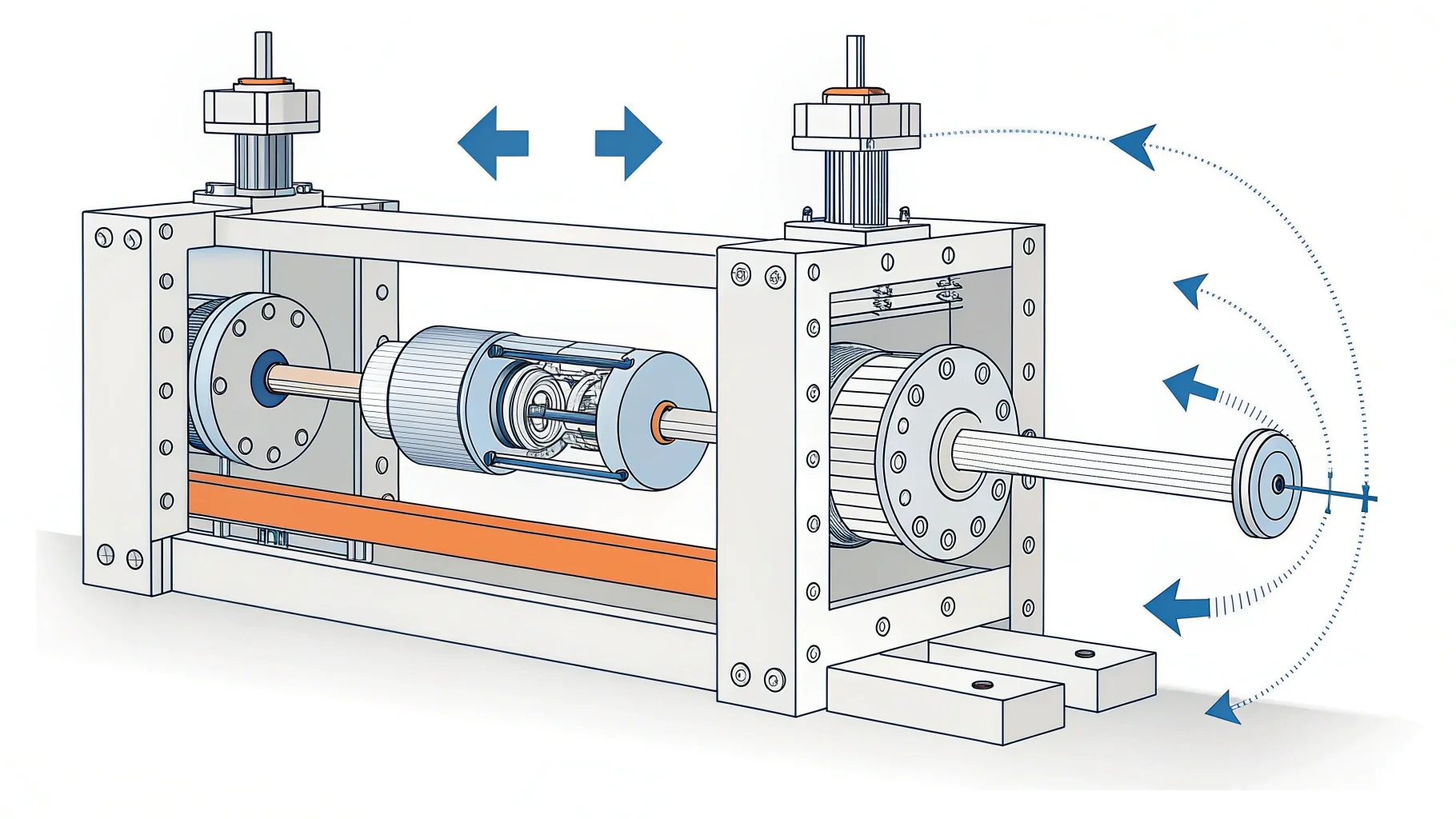 Detailed cutaway view of a tension control system mechanism with arrows indicating movement.